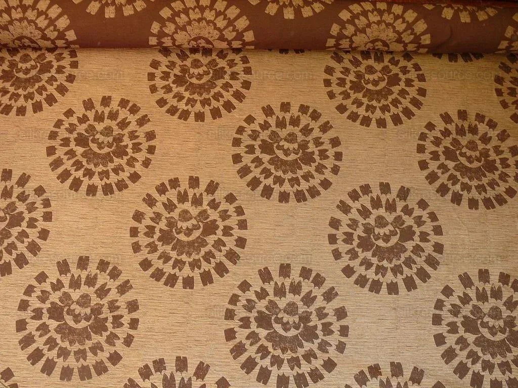 100% Silk Damask Large Modern Pinwheel "cocoa" Brown Beige Mid-Century  Bty