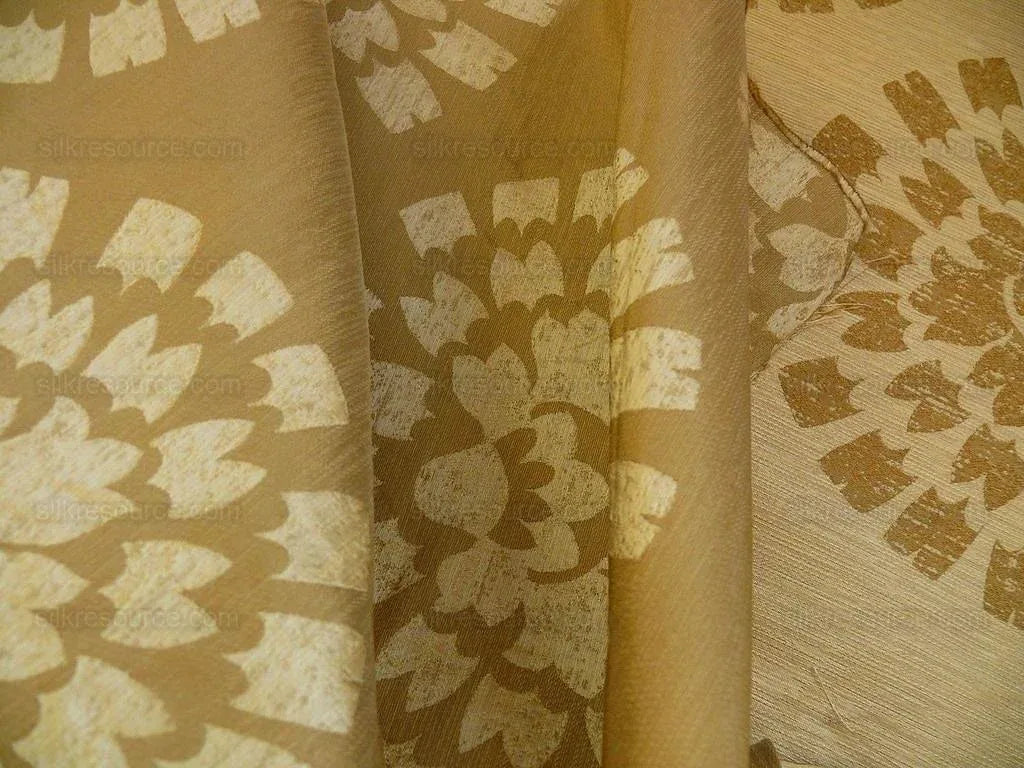 100% Silk Damask Large Modern Pinwheel "coin" Brown Gold Green Mid-Century Bty