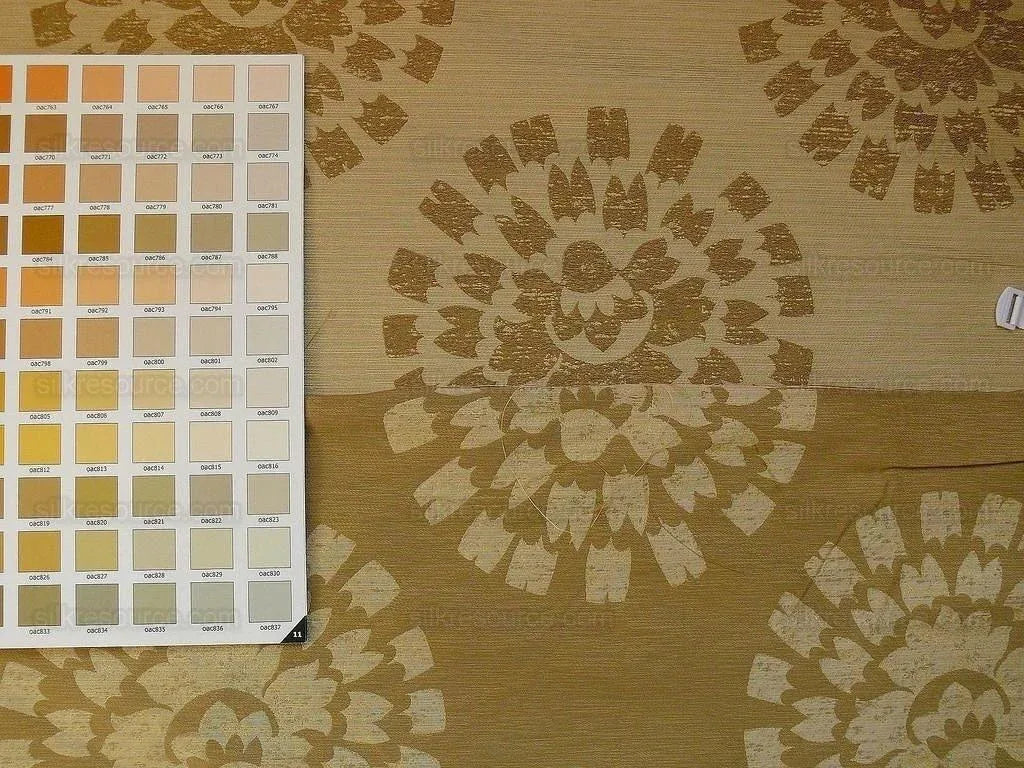 100% Silk Damask Large Modern Pinwheel "coin" Brown Gold Green Mid-Century Bty