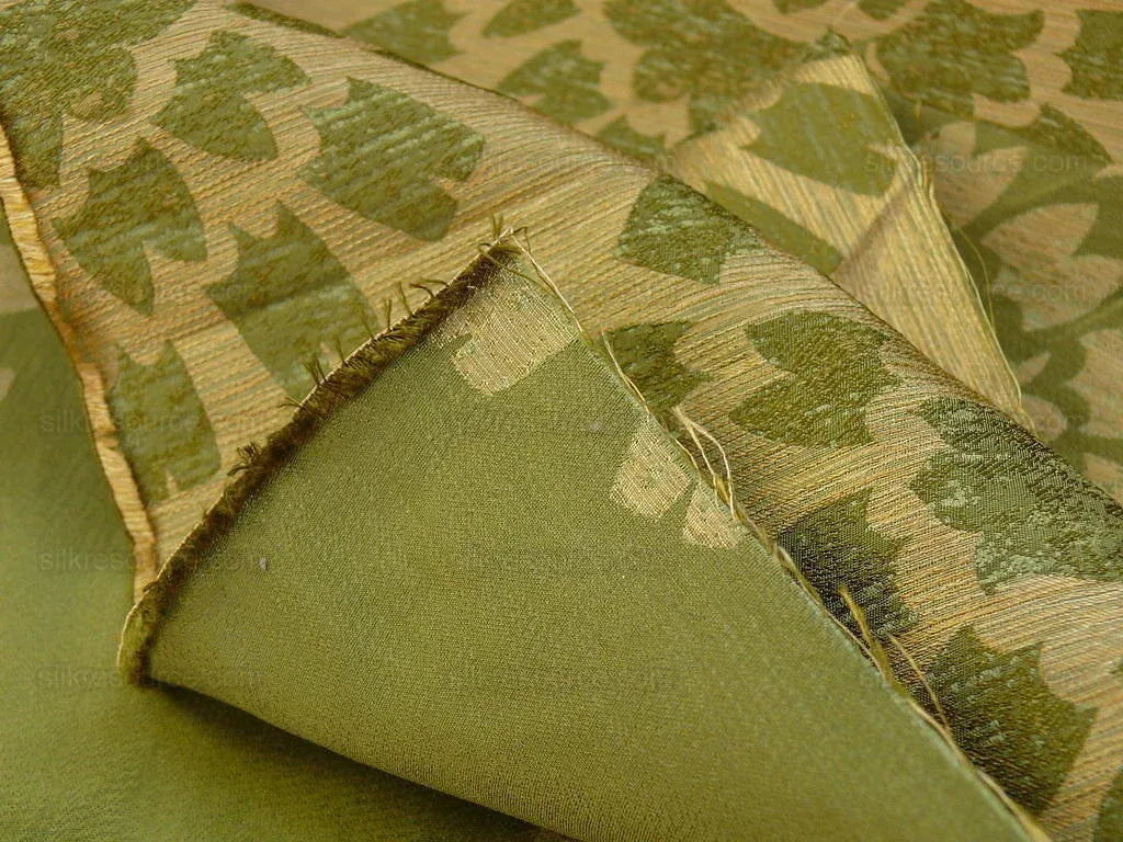100% Silk Damask Large Modern Pinwheel "thyme" Green Beige Mid-Century Century Bty