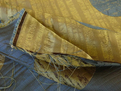 By Yd 100% Silk Damask Moon In Bamboo "twilight" Blue Gold