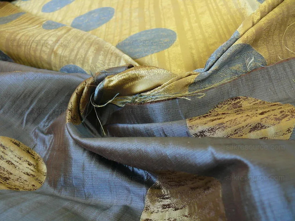 By Yd 100% Silk Damask Moon In Bamboo "twilight" Blue Gold