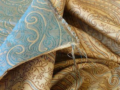 by yard Levant 100% Silk Fine Line Damask Lampas Paisley "dusk" Blue Brown Large Medallion Reversible