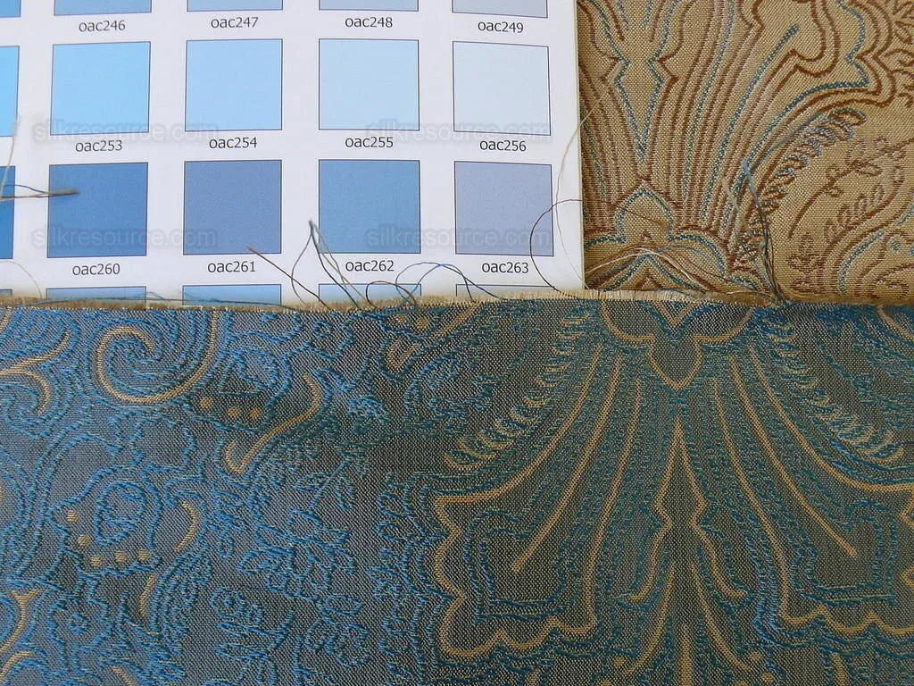 by yard Levant 100% Silk Fine Line Damask Lampas Paisley "dusk" Blue Brown Large Medallion Reversible
