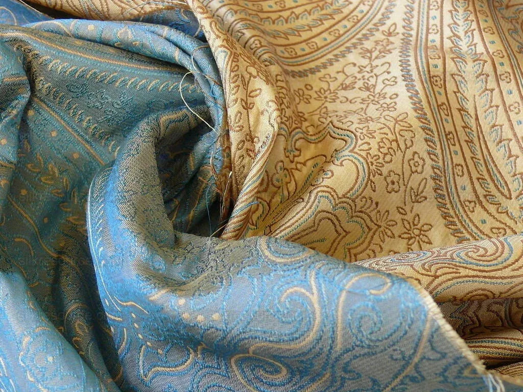 by yard Levant 100% Silk Fine Line Damask Lampas Paisley "dusk" Blue Brown Large Medallion Reversible