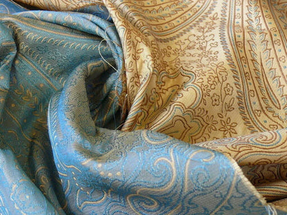 by yard Levant 100% Silk Fine Line Damask Lampas Paisley "dusk" Blue Brown Large Medallion Reversible