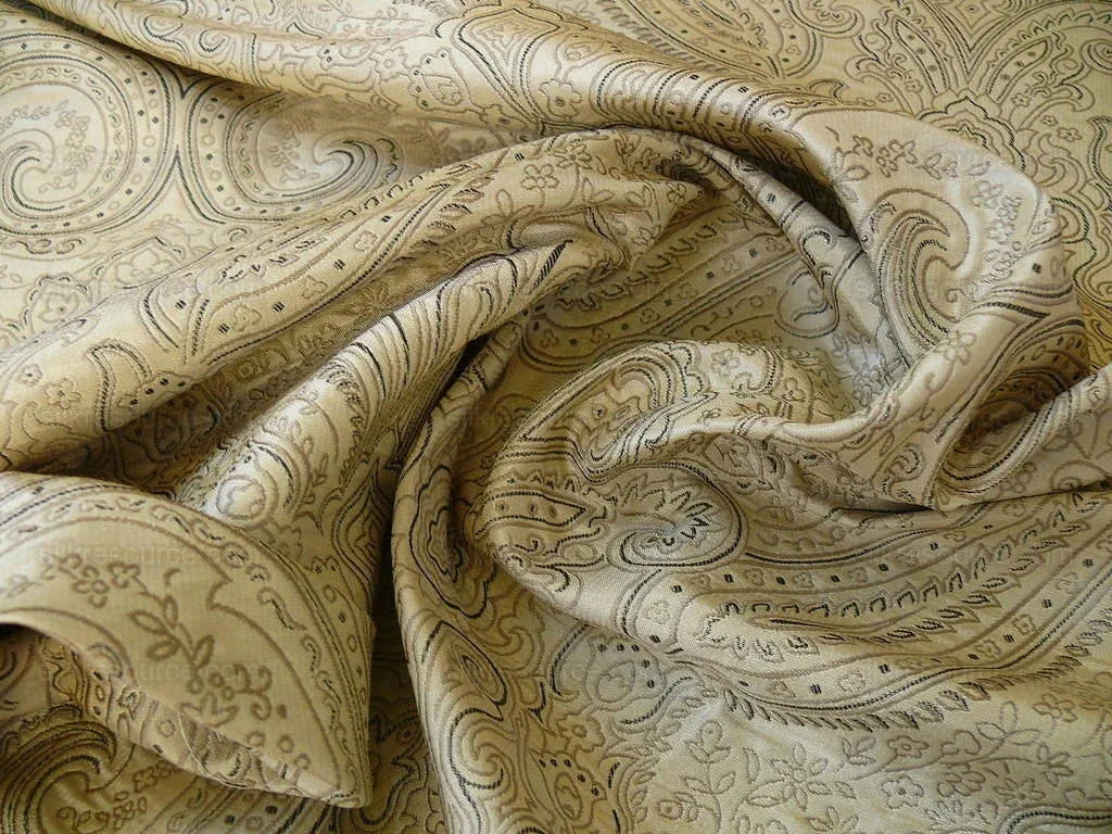 by yard Levant 100% Silk Fine Line Damask Lampas Paisley "crystal" Black Brown Large Medallion Reversible