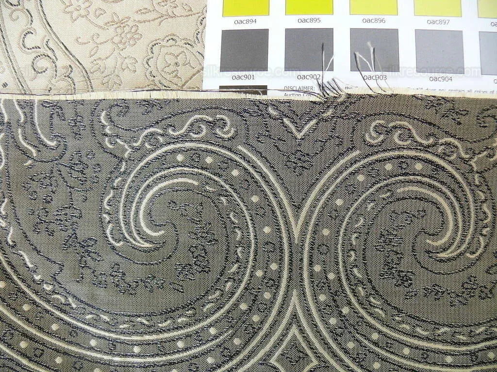 by yard Levant 100% Silk Fine Line Damask Lampas Paisley "crystal" Black Brown Large Medallion Reversible