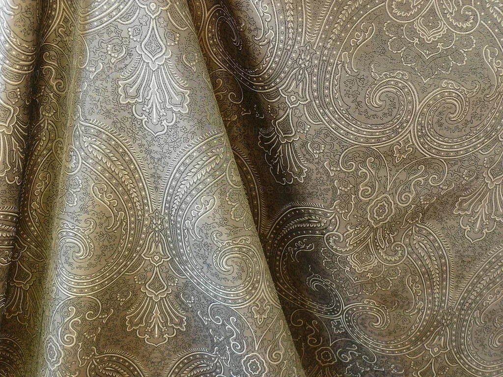 by yard Levant 100% Silk Fine Line Damask Lampas Paisley "crystal" Black Brown Large Medallion Reversible