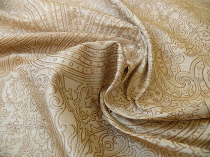 by yard Levant 100% Silk Fine Line Damask Lampas Paisley "linen" Khaki Brown Gold Large Medallion Reversible