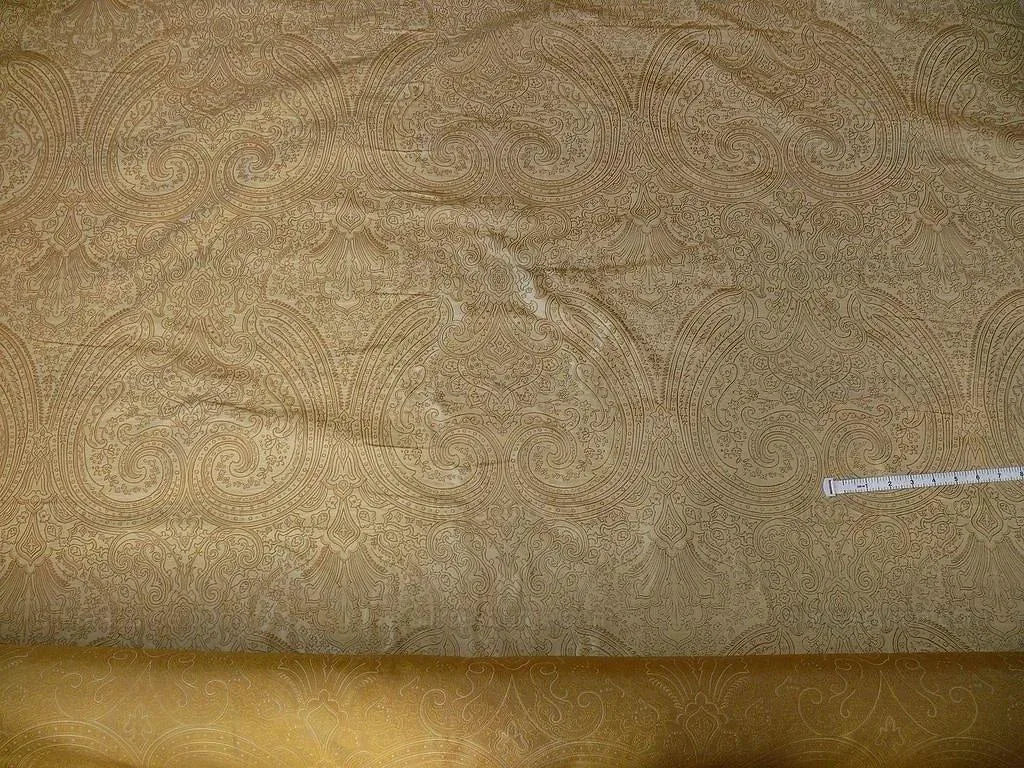 by yard Levant 100% Silk Fine Line Damask Lampas Paisley "linen" Khaki Brown Gold Large Medallion Reversible