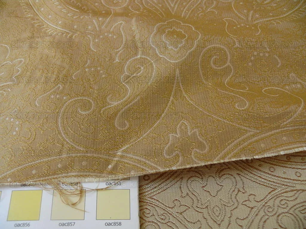 by yard Levant 100% Silk Fine Line Damask Lampas Paisley "linen" Khaki Brown Gold Large Medallion Reversible