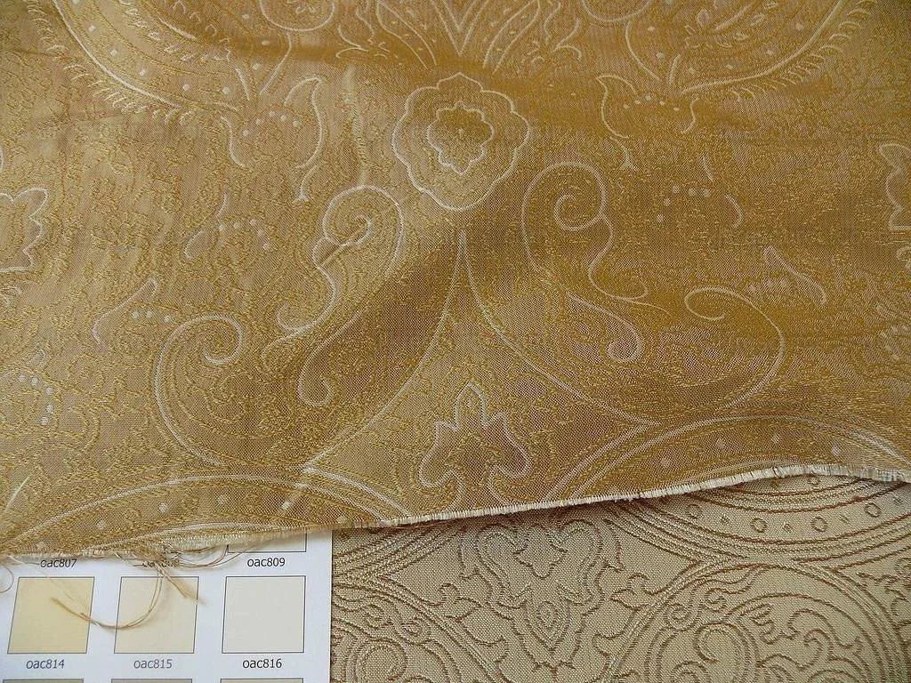 by yard Levant 100% Silk Fine Line Damask Lampas Paisley "linen" Khaki Brown Gold Large Medallion Reversible