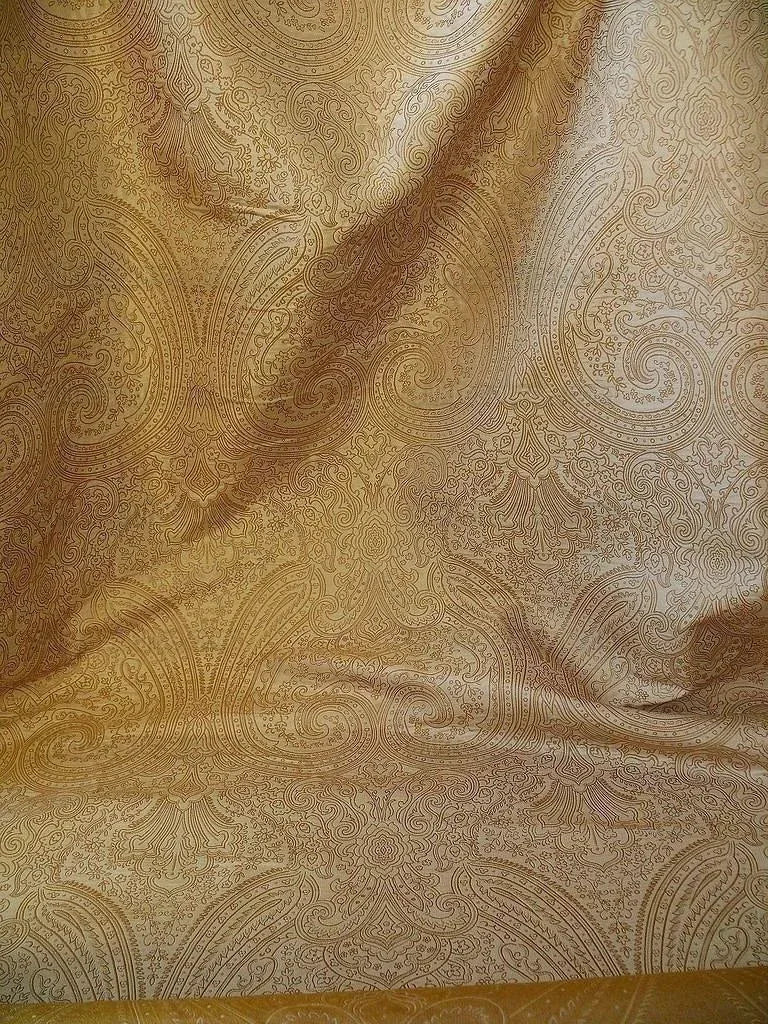 by yard Levant 100% Silk Fine Line Damask Lampas Paisley "linen" Khaki Brown Gold Large Medallion Reversible