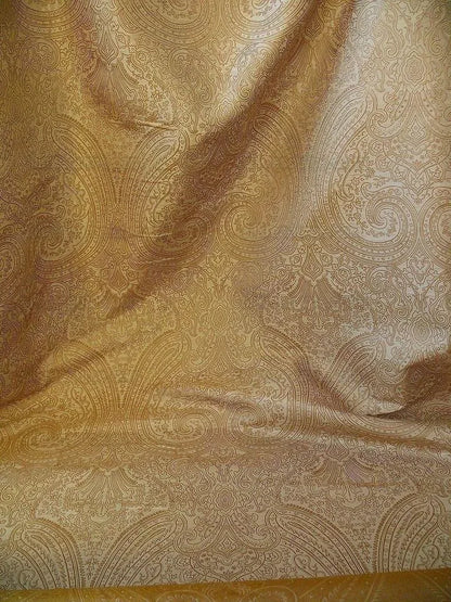 by yard Levant 100% Silk Fine Line Damask Lampas Paisley "linen" Khaki Brown Gold Large Medallion Reversible
