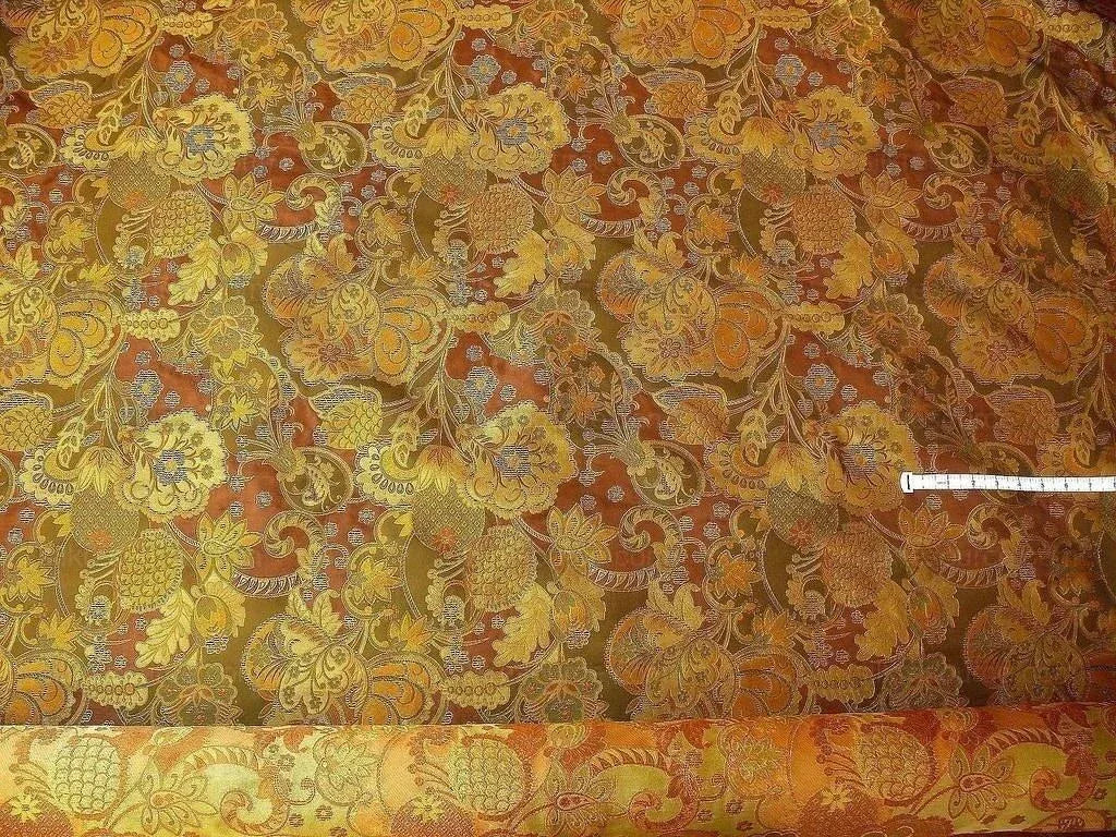 by yard 100% Silk Lampas Art Deco Flower Paisley "loden" Brown