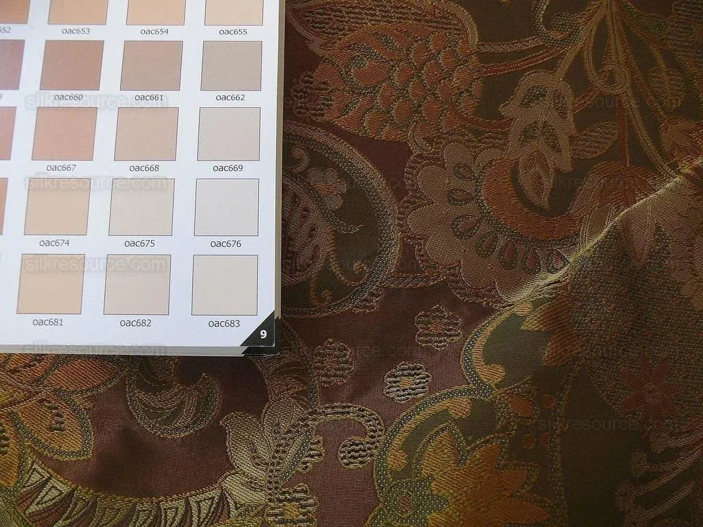 by yard 100% Silk Lampas Art Deco Flower Paisley "loden" Brown