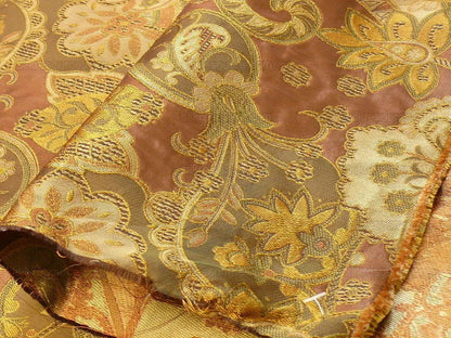 by yard 100% Silk Lampas Art Deco Flower Paisley "loden" Brown