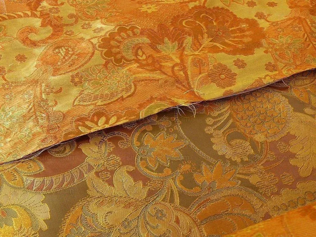 by yard 100% Silk Lampas Art Deco Flower Paisley "loden" Brown