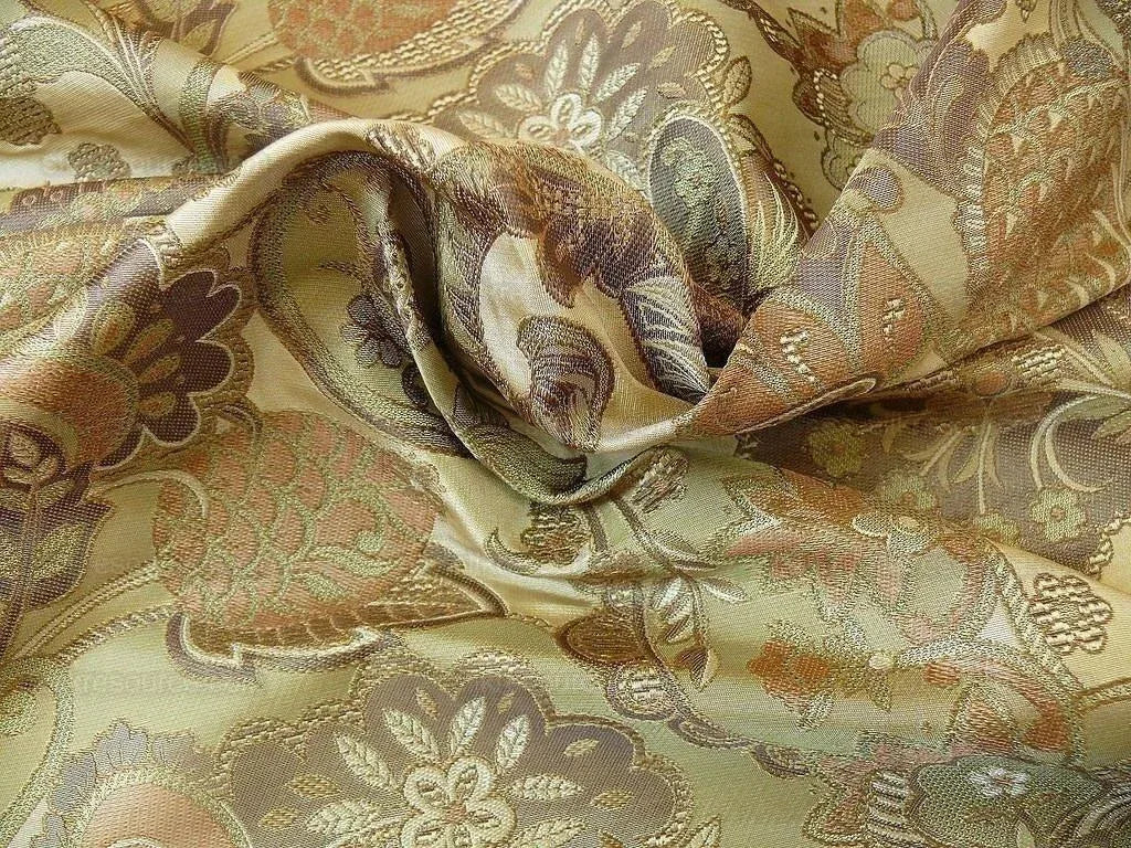 by yard 100% Silk Lampas Art Deco Flower Paisley "verbena" Tan