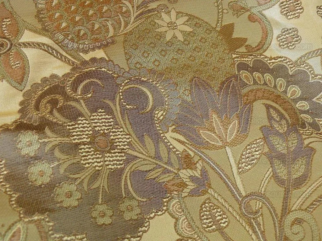 by yard 100% Silk Lampas Art Deco Flower Paisley "verbena" Tan