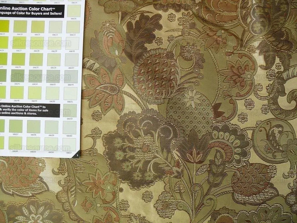 by yard 100% Silk Lampas Art Deco Flower Paisley "verbena" Tan