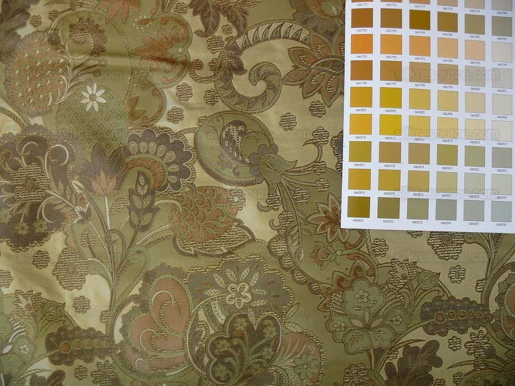 by yard 100% Silk Lampas Art Deco Flower Paisley "verbena" Tan