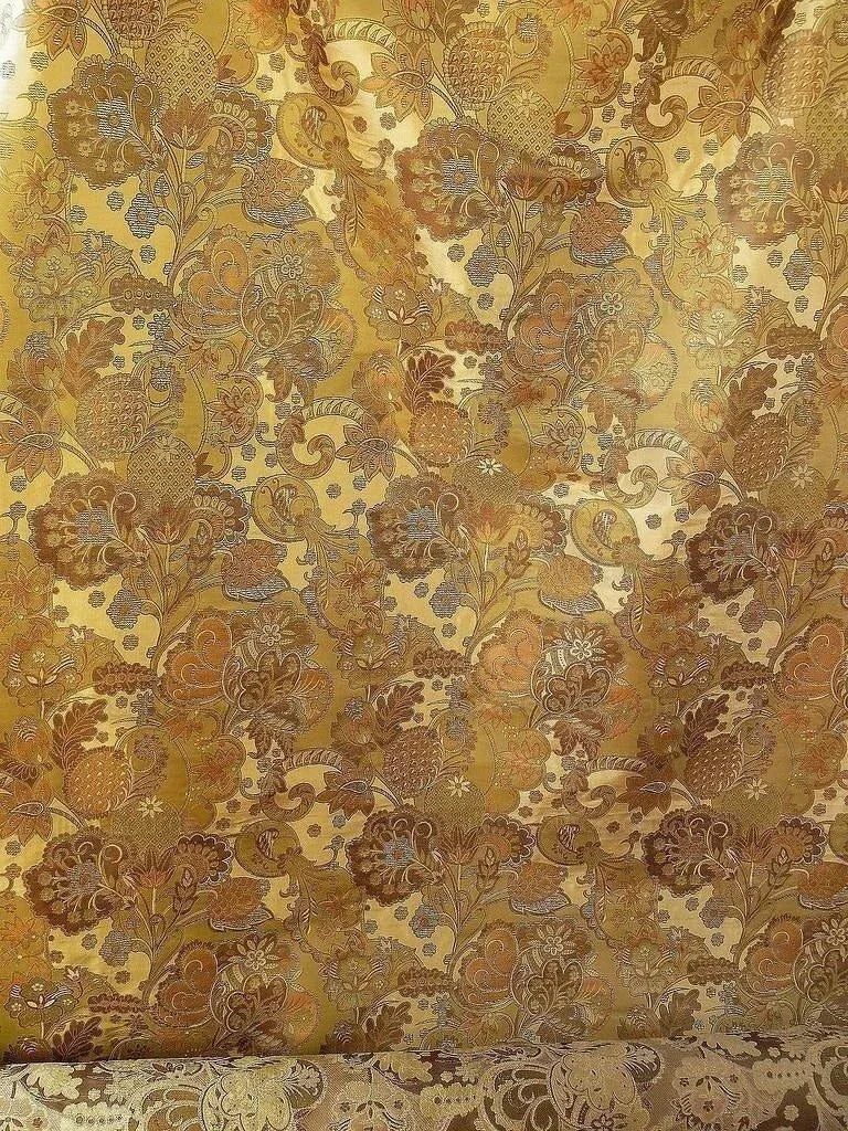 by yard 100% Silk Lampas Art Deco Flower Paisley "verbena" Tan