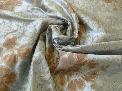 By Yd Hiend 100%silk Lampas Peony Bush "celadon" Ecru Beige Brown Blue 560 Celadon