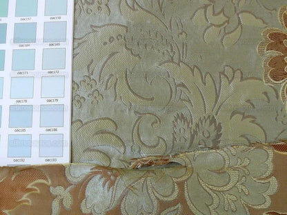 By Yd Hiend 100%silk Lampas Peony Bush "celadon" Ecru Beige Brown Blue 560 Celadon