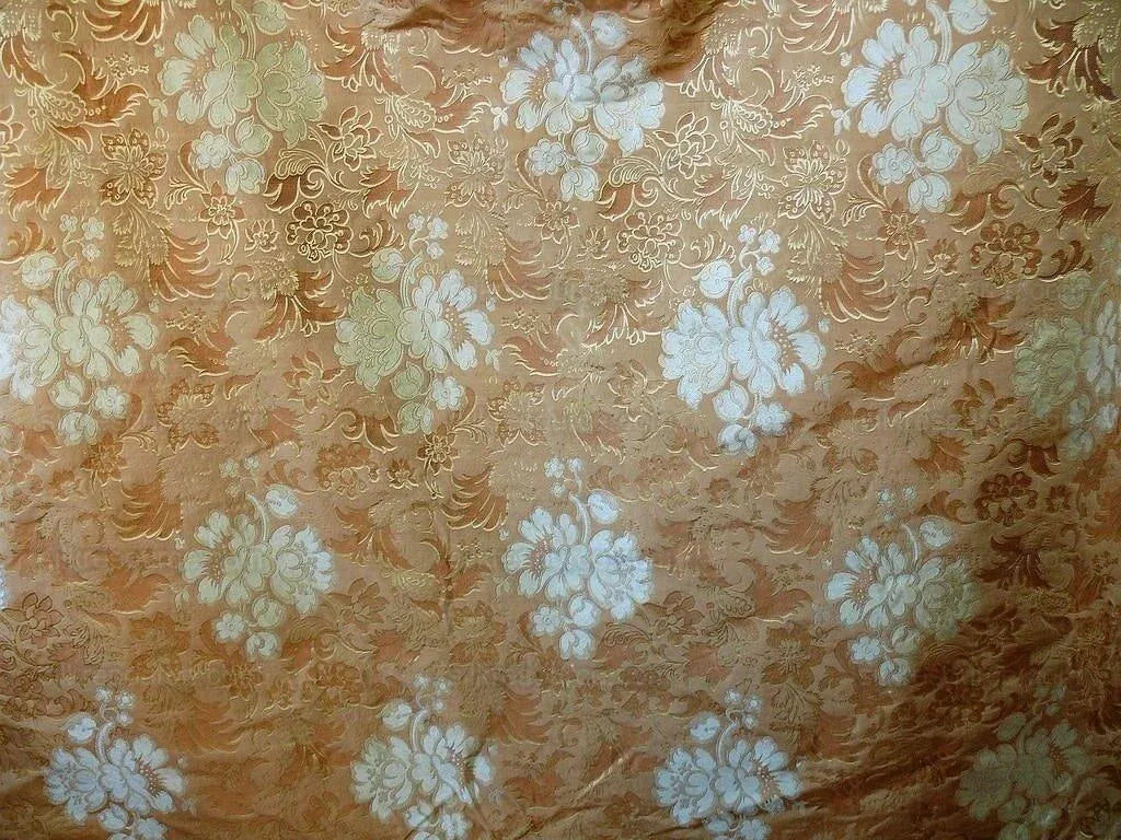 By Yd Hiend 100%silk Lampas Peony Bush "celadon" Ecru Beige Brown Blue 560 Celadon