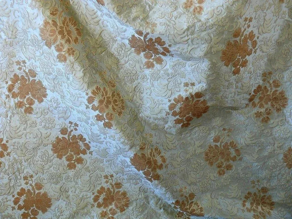 By Yd Hiend 100%silk Lampas Peony Bush "celadon" Ecru Beige Brown Blue 560 Celadon