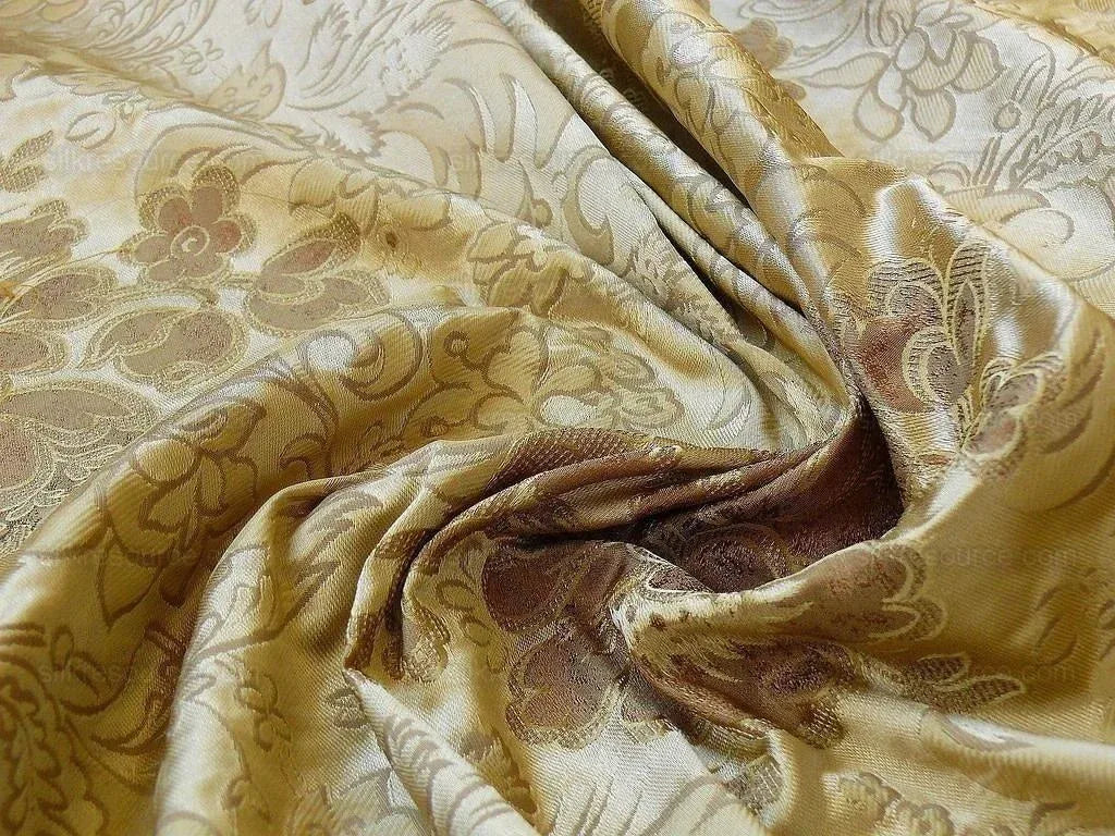 By Yd Hiend 100%silk Lampas Peony Bush "golden" Tan Gold Brown 560 Golden