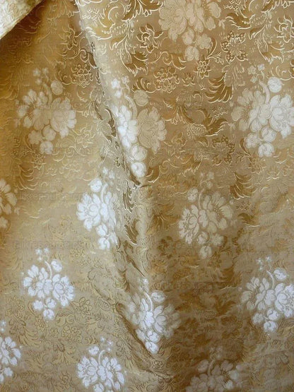 By Yd Hiend 100%silk Lampas Peony Bush "creme" Ecru Beige Tan Gold Brown 560 Creme