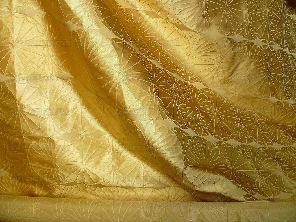 100% Silk Damask Modern Geometric Daisy Round "wheat" Gold