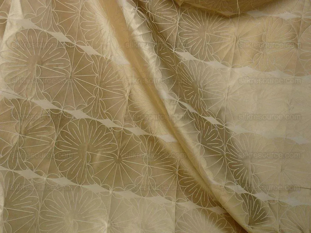 100% Silk Damask Modern Geometric Daisy Round "flax" Gold