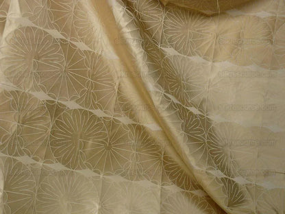 100% Silk Damask Modern Geometric Daisy Round "flax" Gold