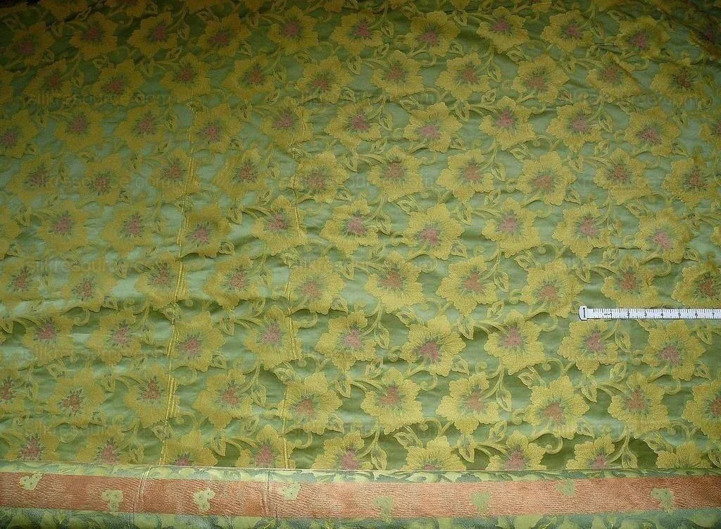 100% Silk Lampas Tri-leaf Flower "thyme" Green Gold Pink