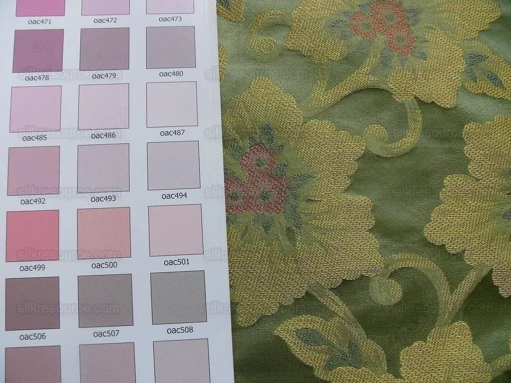 100% Silk Lampas Tri-leaf Flower "thyme" Green Gold Pink