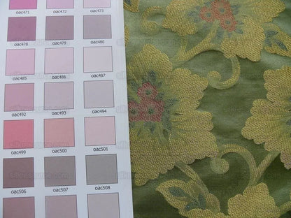 100% Silk Lampas Tri-leaf Flower "thyme" Green Gold Pink