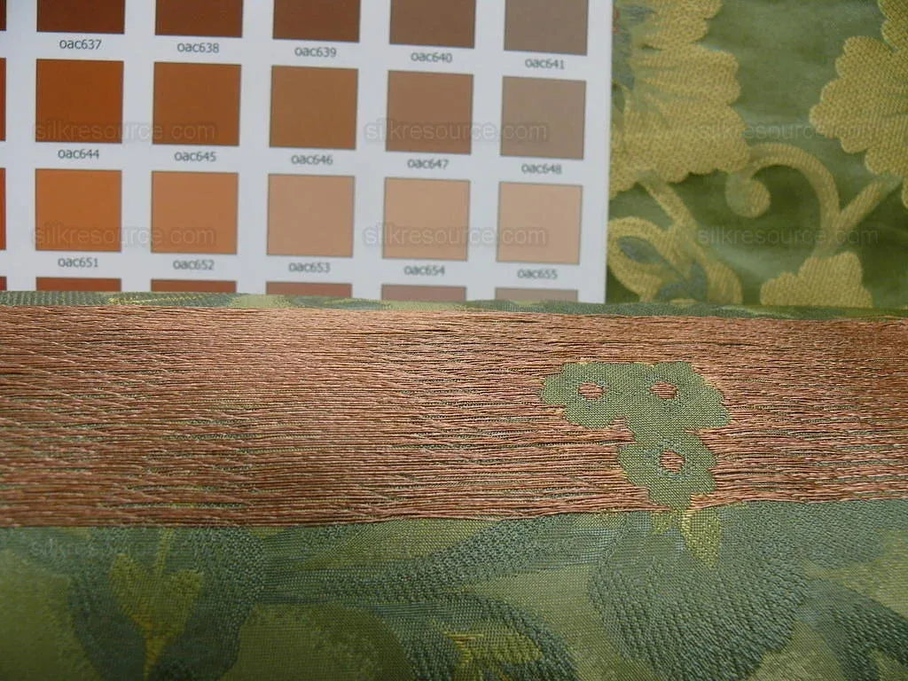 100% Silk Lampas Tri-leaf Flower "thyme" Green Gold Pink