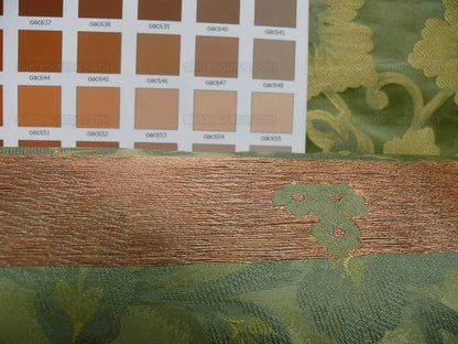 100% Silk Lampas Tri-leaf Flower "thyme" Green Gold Pink