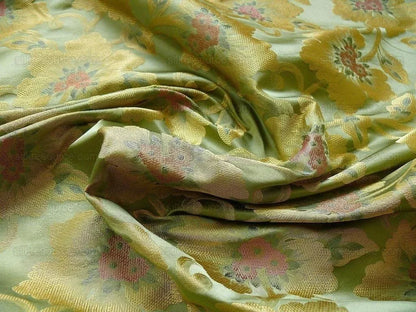 100% Silk Lampas Tri-leaf Flower "thyme" Green Gold Pink