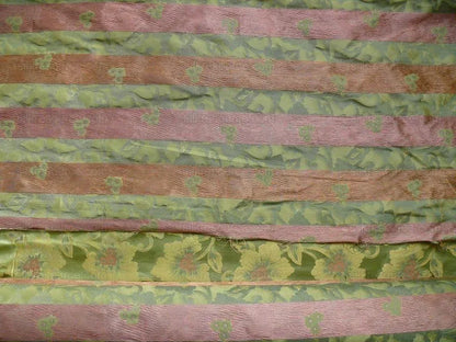 100% Silk Lampas Tri-leaf Flower "thyme" Green Gold Pink