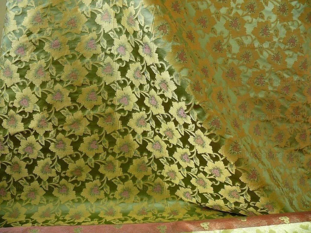 100% Silk Lampas Tri-leaf Flower "thyme" Green Gold Pink
