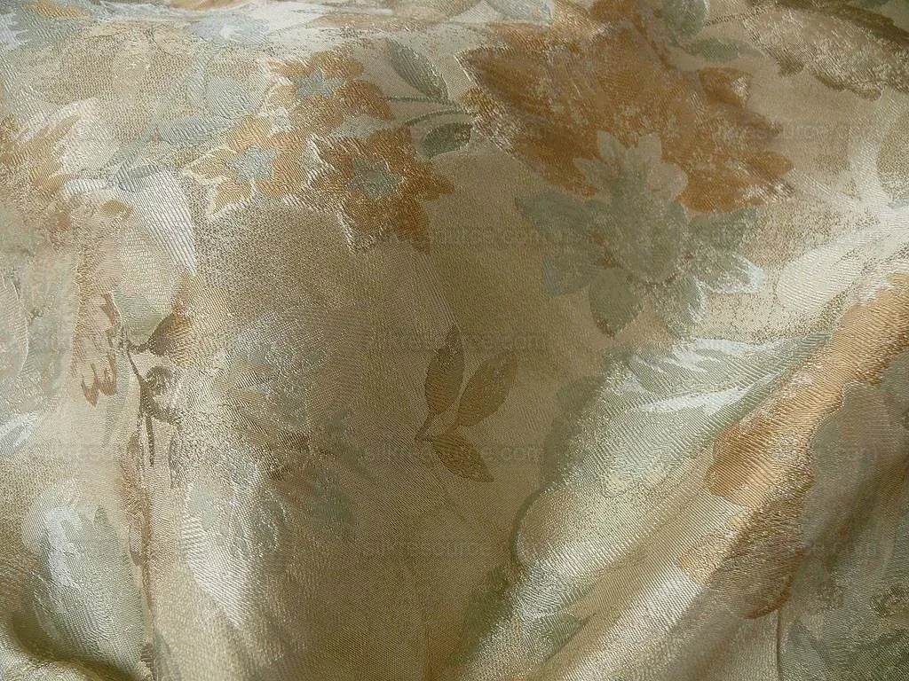 Rm Coco 100% Silk Lampas Autumn Tri-leaf Flower "Aspen" Beige Brown Blue Green MSRP USD199.90/y