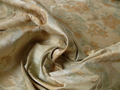 Rm Coco 100% Silk Lampas Autumn Tri-leaf Flower "Aspen" Beige Brown Blue Green MSRP USD199.90/y