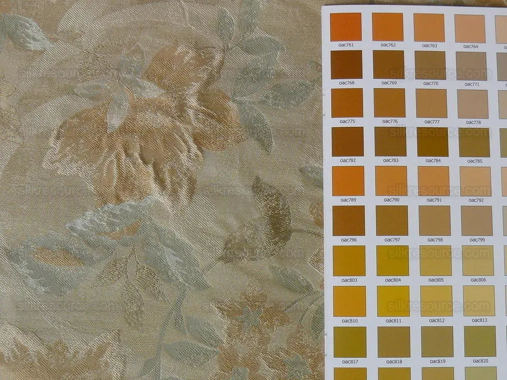 Rm Coco 100% Silk Lampas Autumn Tri-leaf Flower "Aspen" Beige Brown Blue Green MSRP USD199.90/y