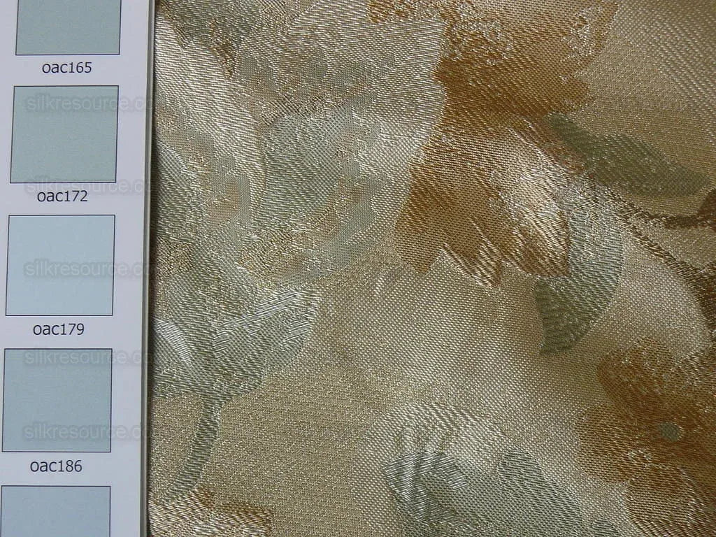 Rm Coco 100% Silk Lampas Autumn Tri-leaf Flower "Aspen" Beige Brown Blue Green MSRP USD199.90/y