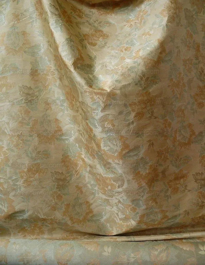 Rm Coco 100% Silk Lampas Autumn Tri-leaf Flower "Aspen" Beige Brown Blue Green MSRP USD199.90/y